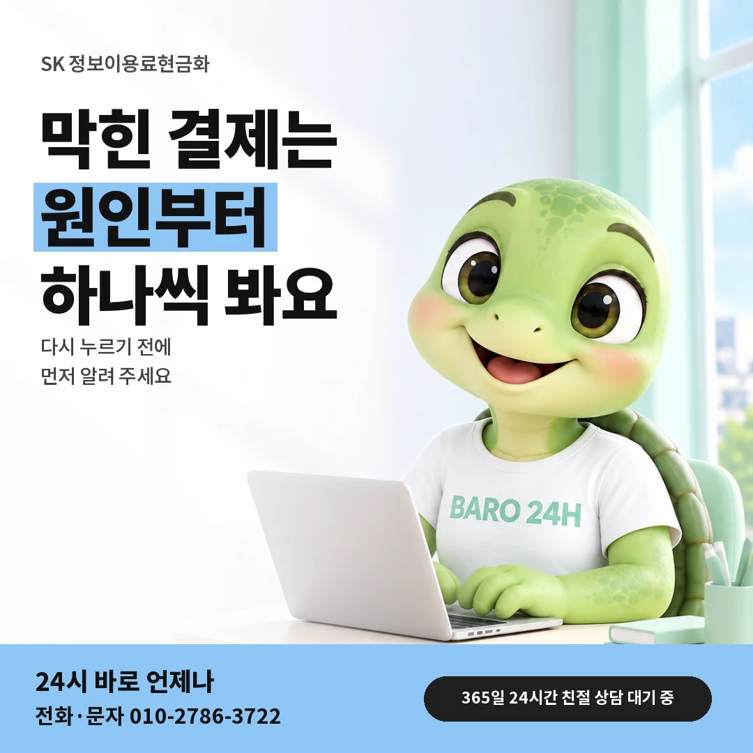 BARO 24H 티셔츠를 입은 3D 거북이 캐릭터 옆에 「SK 막힌 결제 원인 가리기」 제목을 얹은 안내 카드