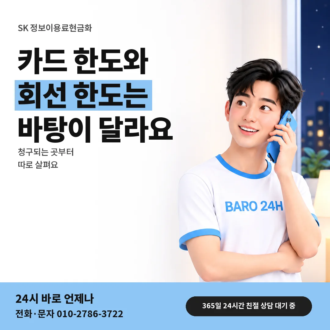 BARO 24H 티셔츠를 입은 3D 인물 옆에 「SK 카드깡과 휴대폰 결제 차이」 제목을 얹은 안내 카드