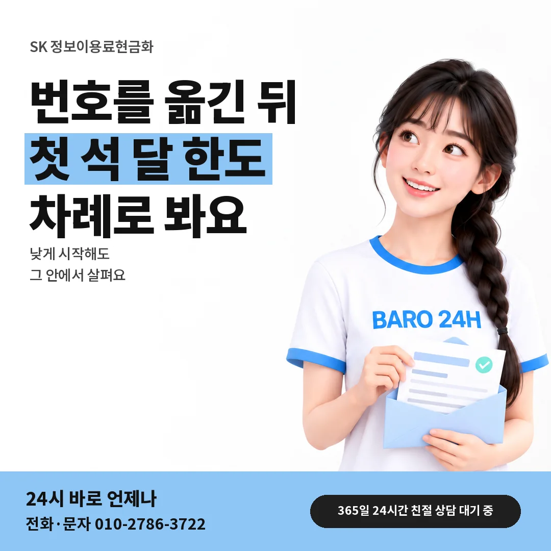 BARO 24H 티셔츠를 입은 3D 인물 옆에 「SK 번호이동 직후 한도」 제목을 얹은 안내 카드