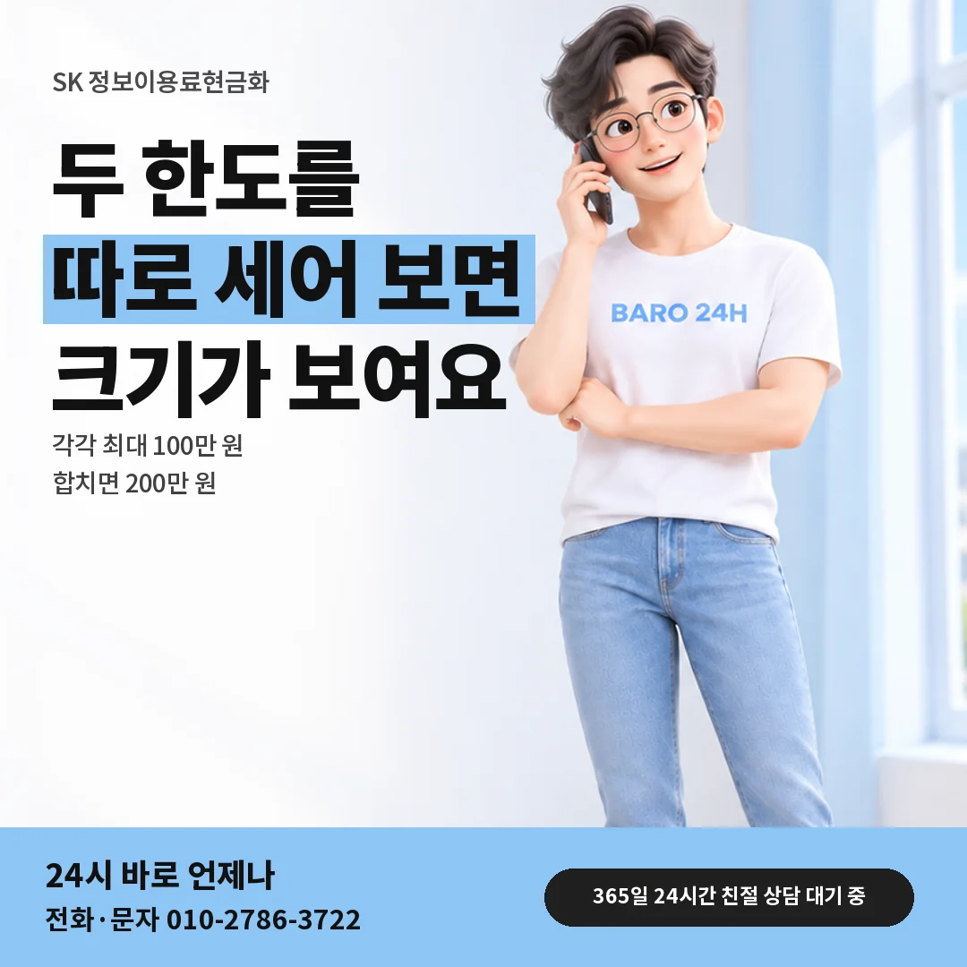 휴대폰을 보며 웃는 BARO 24H 티셔츠를 입은 3D 인물 옆에 「SK 두 한도 나눠 셈하기」 제목을 얹은 안내 카드